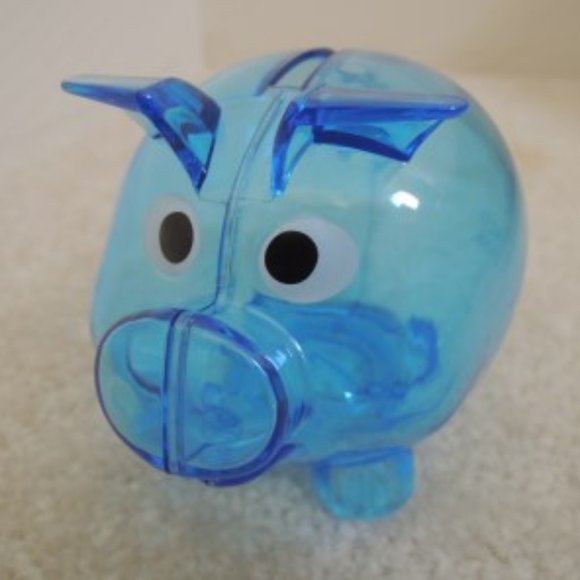 Piggy Bank Blue Transparent Plastic Pig - Coin Insert and Stopper - Bank Promo - Picture 1 of 5